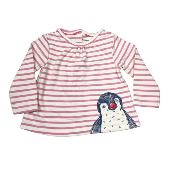 Baby Boden 3-6 mos Penguin Superstitch Embroidered Top Pink White Striped Cotton - Picture 1 of 5